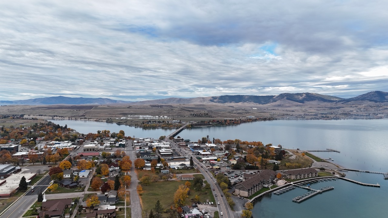Aerial view of downtown Polson and Flathead Lake.